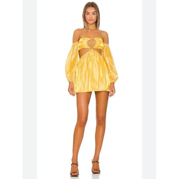 REVOLVE MORE TO COME Nadia Off Shoulder Metallic Mini Dress in Yellow - Picture 1 of 6